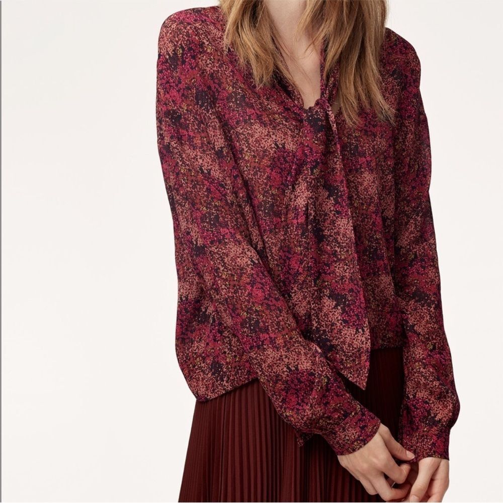 Aritzia Wilfred Pink Patterned Cropped Tie Semi Sheer Long Sleeve Blouse Sz S